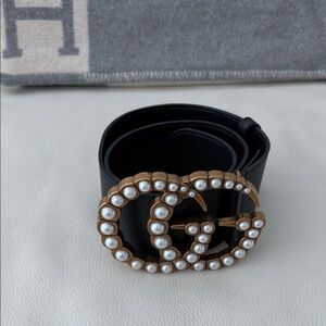 Gucci Black Belt with GG Gold Pearl-Embellished Buckle
